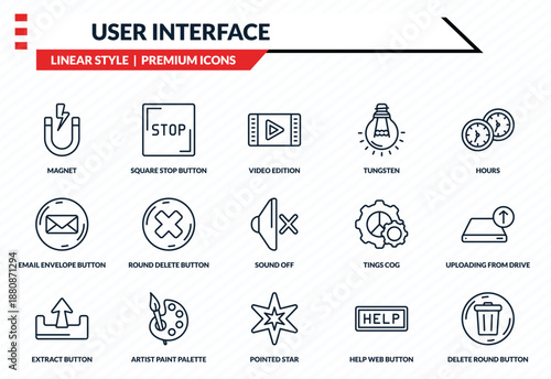 user interface icons set - magnet, square stop button, email envelope button, pointed star, delete round button outline vector collection.