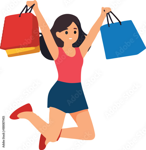 Happy Woman Shopping with Bags Flat Vector Illustration