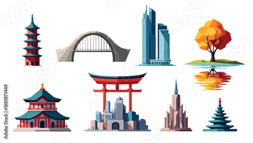 Flat modern asian architecture and nature icons for urban design inspiration