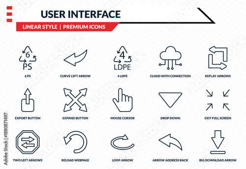 user interface icons set - 6 ps, curve left arrow, export button, loop arrow, big download arrow outline vector collection.