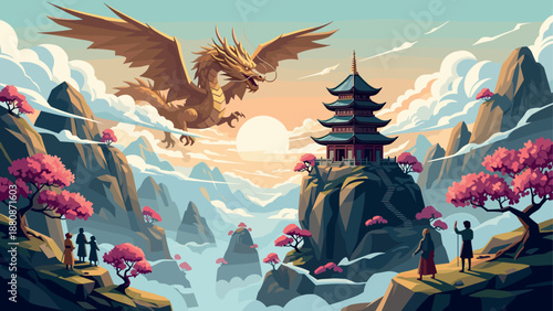 Majestic golden dragon soaring above serene mountain temple at sunset