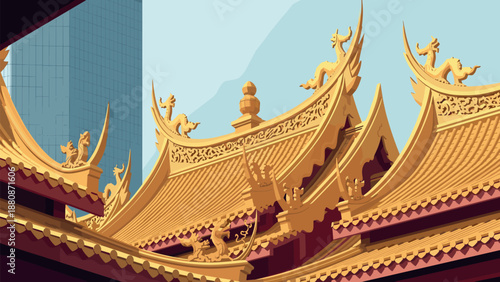 Traditional chinese golden roofs with modern skyscraper in background