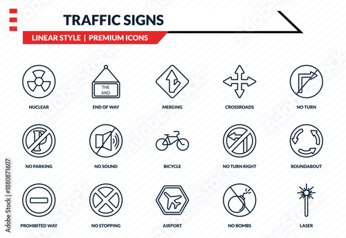 traffic signs icons set - nuclear, end of way, no parking, airport, laser outline vector collection.