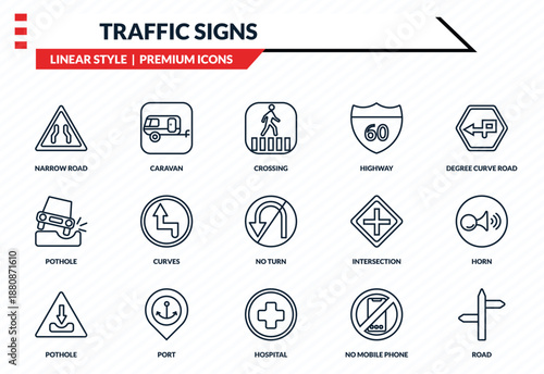 traffic signs icons set - narrow road, caravan, pothole, hospital, road outline vector collection.