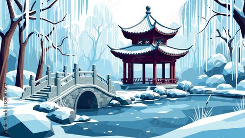 Winter scene of a traditional asian pavilion and bridge in snow-covered landscape