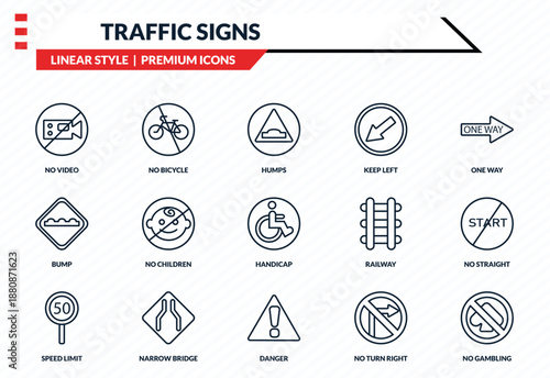 traffic signs icons set - no video, no bicycle, bump, danger, no gambling outline vector collection.