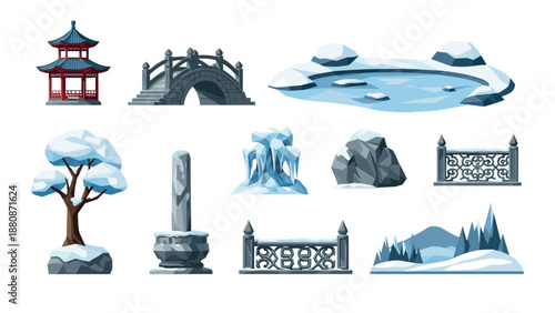 Winter wonderland elements with ice and snow in asian-inspired low poly art style