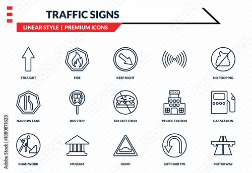 traffic signs icons set - straight, fire, narrow lane, hump, motorway outline vector collection.