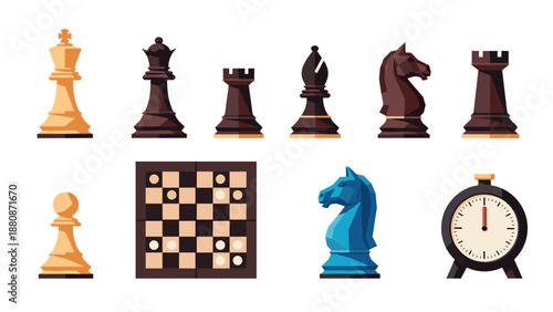 Colorful chess set with classic pieces and game board in flat design