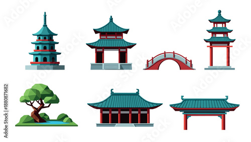 Traditional asian architecture elements featuring pagodas and bridges