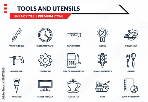 tools and utensils icons set - writing tools, clock and watch, hammer drill, cup of tea, book with cd rom outline vector collection.