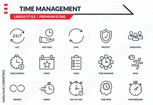 time management icons set - 24/7, save time, time is money, out of pressure outline vector collection.