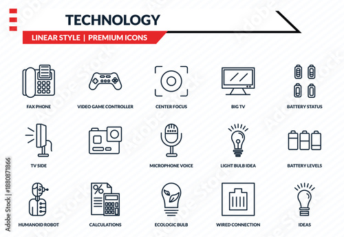 technology icons set - fax phone, video game controller, tv side, ecologic bulb, ideas outline vector collection.