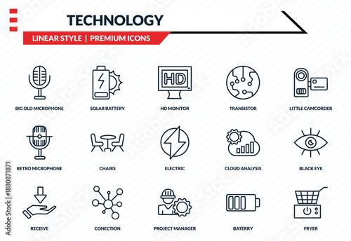 technology icons set - big old microphone, solar battery, retro microphone, project manager, fryer outline vector collection.