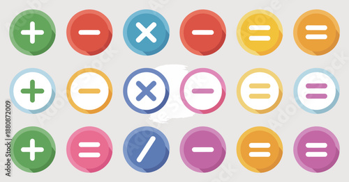 Mathematics symbols, including plus, minus, multiply, divide, equal, and percentage icons in colorful circular and square styles, perfect for education, e-learning, and ui ux design.