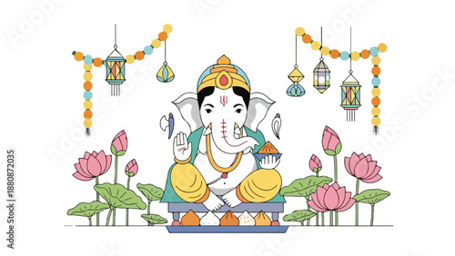 Minimalist Lord Ganesha Illustration with Lotus Flowers, Garlands, and Festive Lanterns on White Background