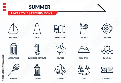 summer icons set - yatch boat, dress, air mattress, seashell, plane ticket outline vector collection.