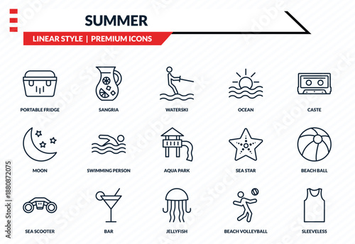 summer icons set - portable fridge, sangria, moon, jellyfish, sleeveless outline vector collection.