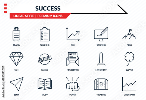 success icons set - travel, planning, gem, punch, line graph outline vector collection.