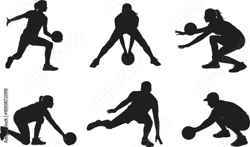 Six Black Silhouettes of Women Playing Volleyball on White Background woman female