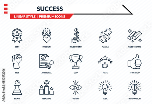 success icons set - best, passion, fist, vision, innovation outline vector collection.
