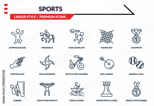 sports icons set - jumping dancer, horseback, starting gun, man in canoe, medal with number 1 outline vector collection.