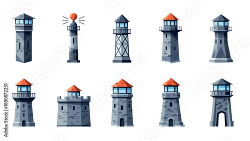 Collection of diverse lighthouse designs with vibrant roofs