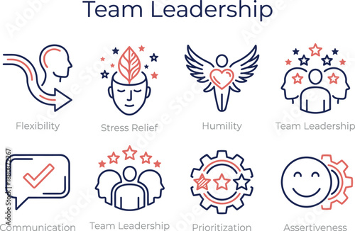 Team leadership soft skills concept with line icons illustrating flexibility, stress relief, humility, communication, prioritization, assertiveness, emotional intelligence, and effective people