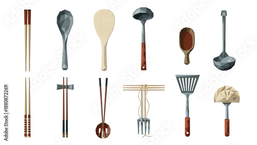Geometric kitchen utensils collection: modern low poly designs with wooden accents