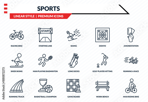 sports icons set - racing bike, starting line, skier skiing, game board, man riding bike outline vector collection.