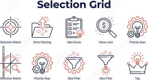 Selection grid business concept with modern line icons illustrating idea evaluation, smart sorting, scoring, value analysis, prioritization, filtering process, decision making