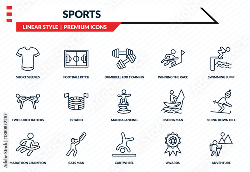 sports icons set - short sleeves, football pitch, two judo fighters, cartwheel, adventure outline vector collection.