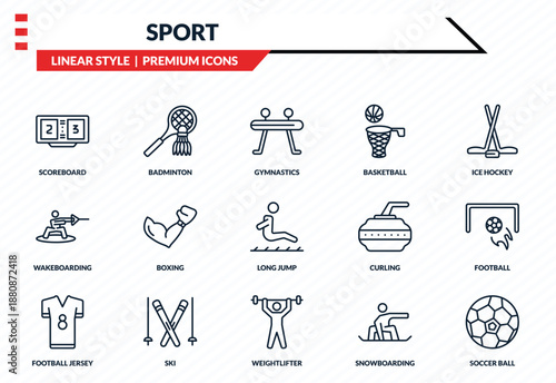 sport icons set - scoreboard, badminton, wakeboarding, weightlifter, soccer ball outline vector collection.
