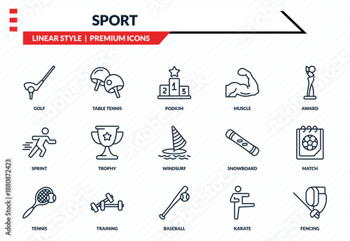sport icons set - golf, table tennis, sprint, baseball, fencing outline vector collection.