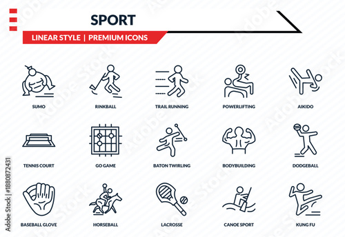 sport icons set - sumo, rinkball, tennis court, lacrosse, kung fu outline vector collection.