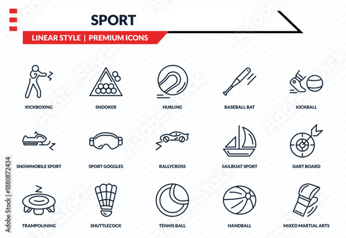 sport icons set - kickboxing, snooker, snowmobile sport, tennis ball, mixed martial arts outline vector collection.