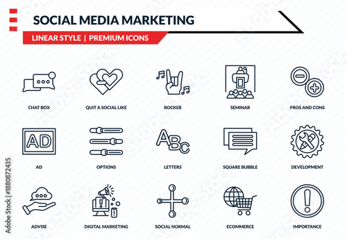 social media marketing icons set - chat box, quit a social like, ad, social normal, importance outline vector collection.