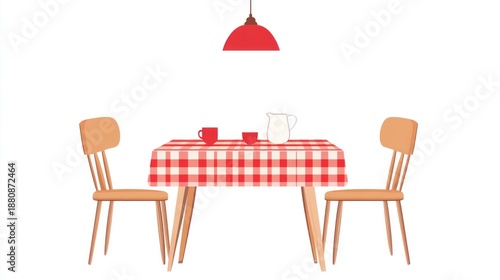 Simple dining table illustration, red checkered tablecloth, two chairs, light, interior design, easy meal