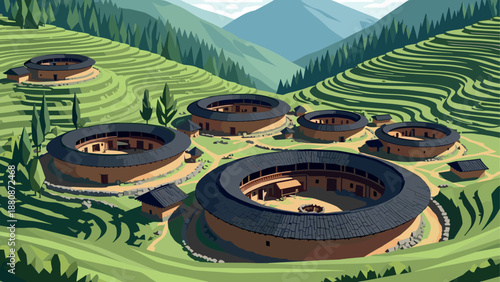 Traditional circular village in lush mountainous landscape