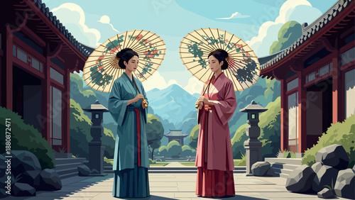 Traditional cultural exchange: two women in kimono with parasols in serene temple garden