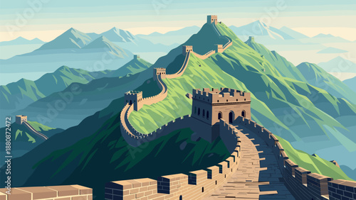 Majestic great wall stretching across verdant mountains in a stunning flat design