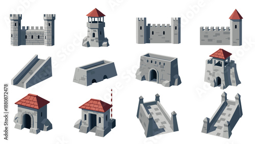 Medieval fortress elements set: isometric gray stone structures with red roofs