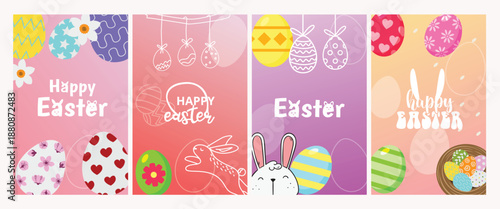 Joyful set of four vertical Happy Easter banners featuring colorful eggs, cute bunny illustrations, and spring florals on bright pastel backgrounds.
