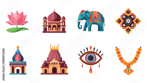 Colorful indian cultural icons featuring temples, lotus, elephant, mandalas, and floral design
