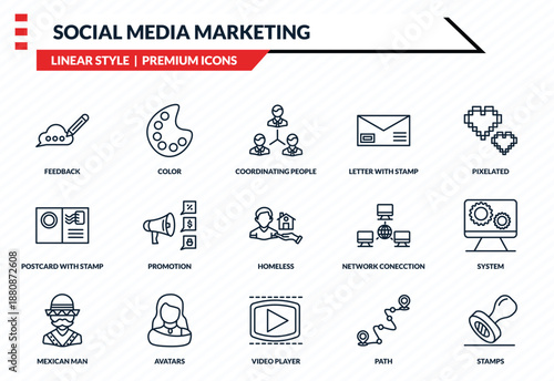 social media marketing icons set - feedback, color, postcard with stamp, video player, stamps outline vector collection.