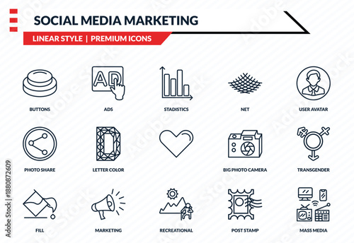 social media marketing icons set - buttons, ads, photo share, recreational, mass media outline vector collection.