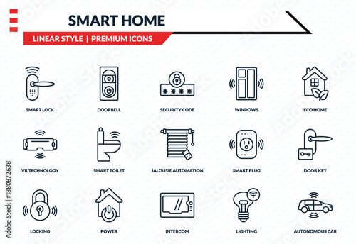 smart home icons set - smart lock, doorbell, vr technology, intercom, autonomous car outline vector collection.