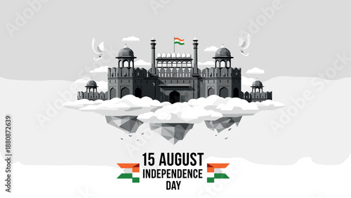 Red fort independence day celebration with indian flag and peace doves