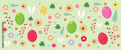 Cheerful Easter eggs, spring flowers, and whimsical bunny ears forming a festive, decorative seamless pattern on a light pastel green background illustration.
