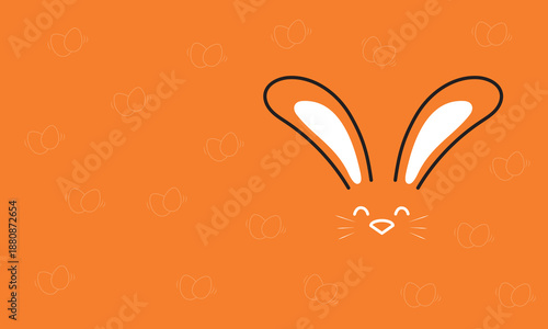 Cute minimalist outline rabbit face with long ears peeking happily from the corner on a vibrant orange textured background, ideal for spring and Easter design.